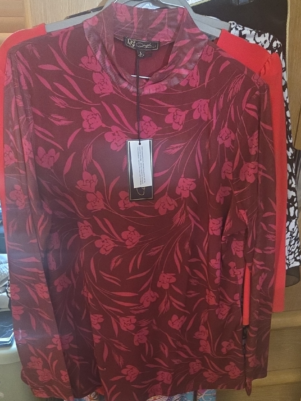 SALE! DG2 by Diane Gilman Burgundy Top with Pink Floral Print Mock Neck